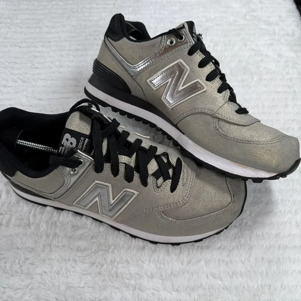 New Balance 574 Silver Gold Black Running Shoes WL574SFI Women's Sz 9.5